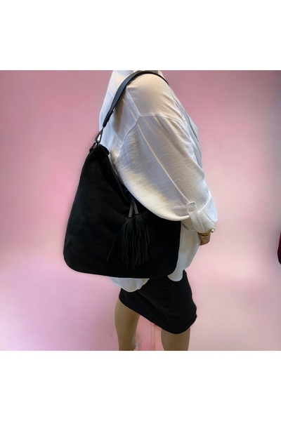 Mufflon Leather Collection Hakiki Deri Süet Püsküllü Çapraz Askılı Kadın Omuz...