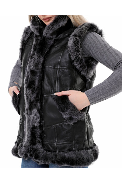 tahiroğlu deri 1987 Unisex Γούνινο Δερμάτινο Μαύρο Γιλέκο Brisa Feather