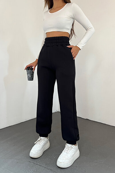 Eva Sunset Pantaloni de sport negri pentru femei, cu fleece în interior, cu t...