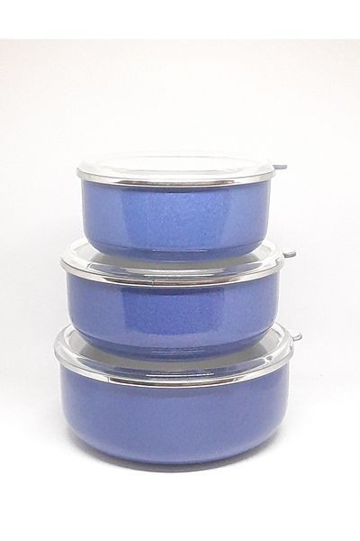 Avşar ENAMEL HOUSE 3-PIECE 14-16-18 CM DIAMETER ENAMEL STORAGE CONTAINER WITH LID