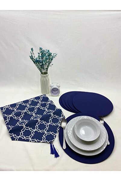 HALFART Lacivert Moroccan Desenli Duck Keten Runner ve 6 Adet Lacivert Keten ...