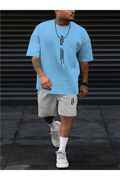 MUTLU TASARIMLAR Men's Vertical Text Printed Oversize Shorts T-shirt Set