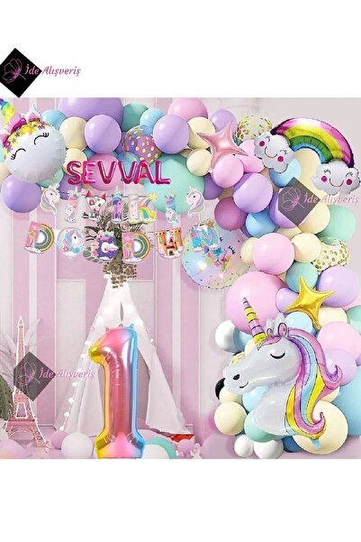 Bkmc Set de 6 litere, 1 an, cu tematică unicorn, La mulți ani, Macaron, balon...