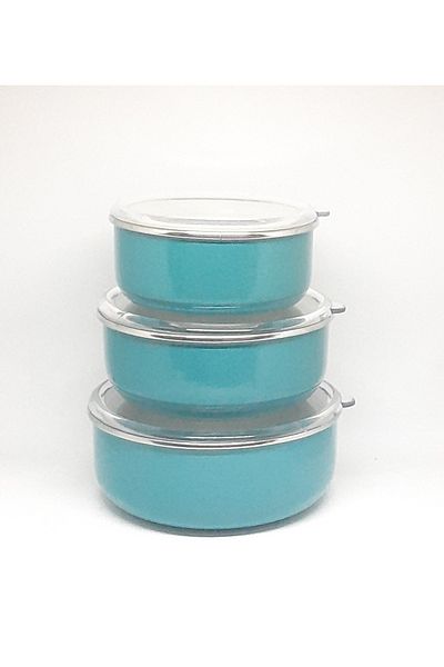 Avşar ENAMEL HOUSE 3-PIECE 14-16-18 CM DIAMETER ENAMEL STORAGE CONTAINER WITH LID