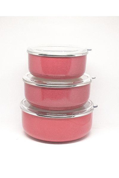 Avşar ENAMEL HOUSE 3-PIECE 14-16-18 CM DIAMETER ENAMEL STORAGE CONTAINER WITH LID