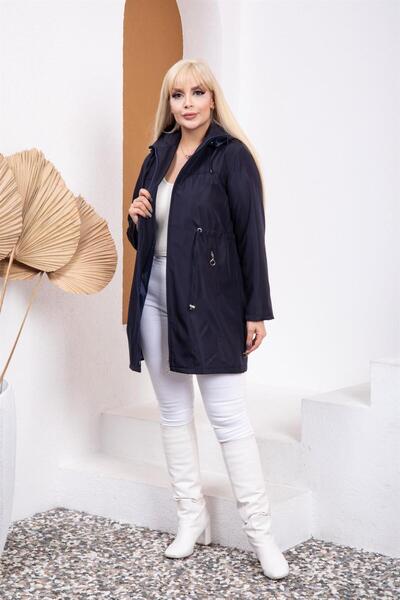 msendam Women's Hooded Zippered Lined Adjustable Waist Bondit Fabric Large Size Raincoat-Navy Blue