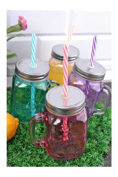 Otantik Pipetli Cam Kavanoz Kupa 400ml Meşrubat Limonata Bardağı 4 Renk Seçeneği