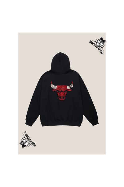 MarkaTurko Hanorac unisex cu glugă neagră cu imprimeu pe spate cu design personalizat Bulls 1003