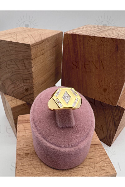 925 Ayar Gümüş Gold Renk Altıgen Taş Detaylı Modern Yüzük
