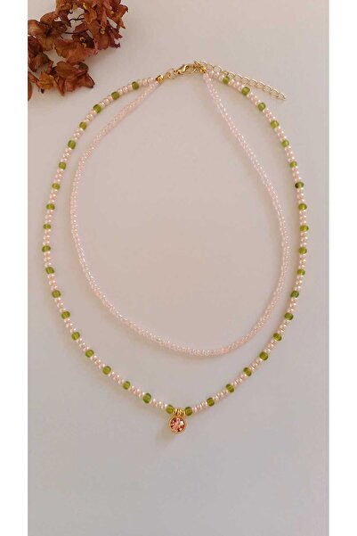 Fata Morgana Accessory Pembe Pırıltı Uçlu 2 Katlı İncili Boncuk Kolye