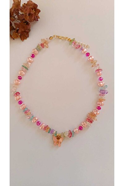 Fata Morgana Accessory Pembe Kelebekli Kırık Doğal Taşlı Barok İncili Boncuk ...