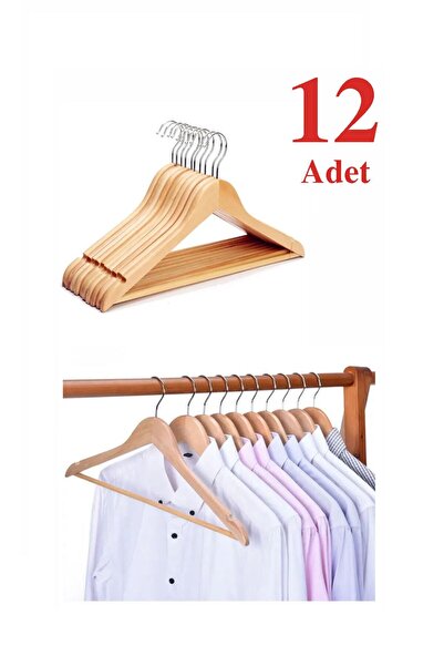 Mevsim Ticaret Ahşap Elbise Askısı 12 Adetli Set