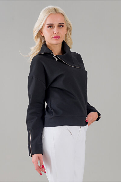 Bold & Young Women's Black Color Zippered Shawl Collar Long Sleeve Tunic