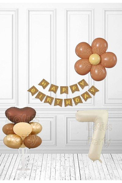 LOTUS PARTY Σετ γενεθλίων ρετρό Daisy Age 7 - Καφέ Καρδιά - Βάση με 7 μπαλόνια - Μπαλόνι με φύλλο κρέμας