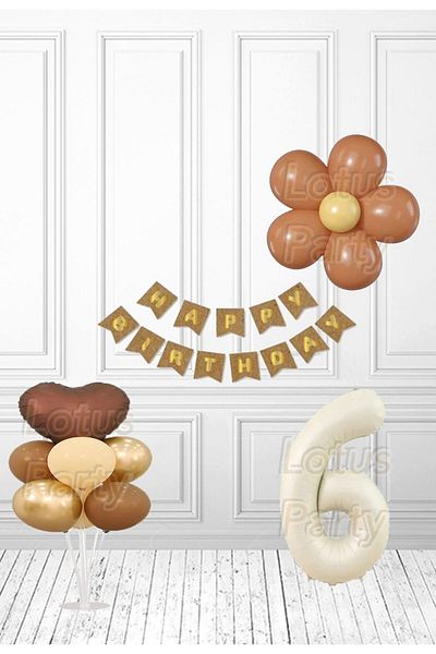 LOTUS PARTY Σετ γενεθλίων ρετρό Daisy Age 6 - Καφέ Καρδιά - Βάση με 7 μπαλόνια - Μπαλόνι με φύλλο κρέμας