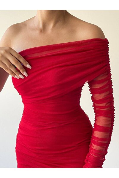 WOWBUTİK MRY BUTİK- Tek Kol Astarlı Tül Drapeli Elbise