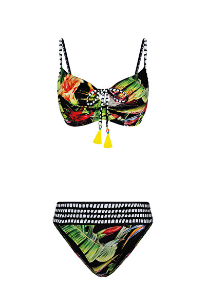 Bonesta Yeşil Sarı Çiçek Desenli Önü Sürgülü Bikini Takımı