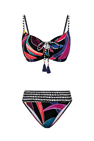 Bonesta Fuşya Yaprak Desenli Önü Sürgülü Bikini Takımı