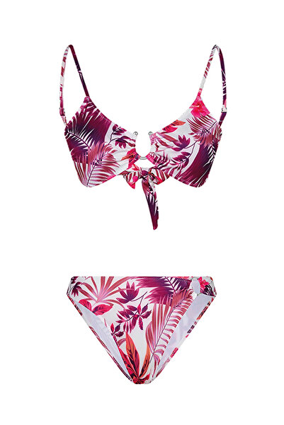 Bonesta Fuşya Yaprak Desenli U Aksesuarlı Bikini Takımı