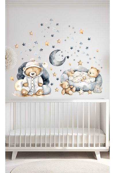 Sim Tasarım Cute Bears in Grey Blue Pajamas Kids Room Wall Sticker Set