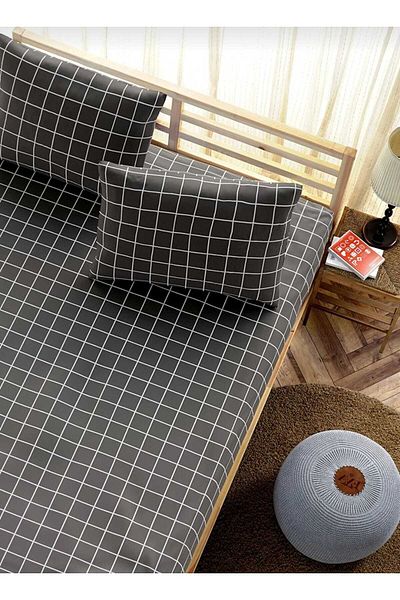 MORRİVAL SINGLE SMOKED CHECKED ELASTIC SHEET SET, SMOKED 120 X 200 +35 CM HEIGHT WITH 2 PILLOW CASES