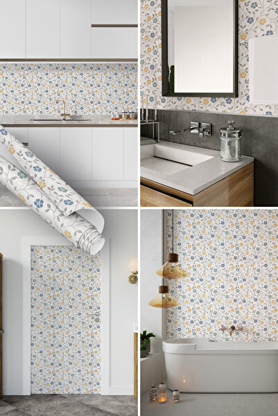 Dekoros Minimal Çiçek Desenli Yapışkanlı Folyo, Su Geçirmez Masa, Dolap, Tezg...