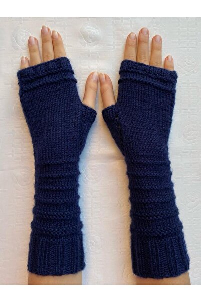 çanta tasarımcısı Lacivert Şerit Bilekli Uzun El Örgü Eldiven