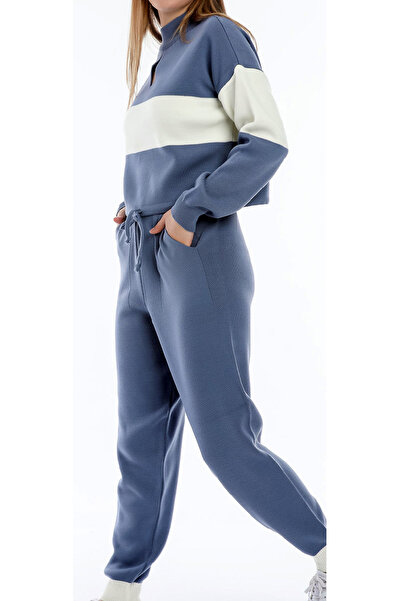 ALCHON Dik Yaka Uzun Kol Beli Büzgülü Bloklu Dekolteli Kısa Kazak Beli Paçası Lastikli Pantolon Triko Takım