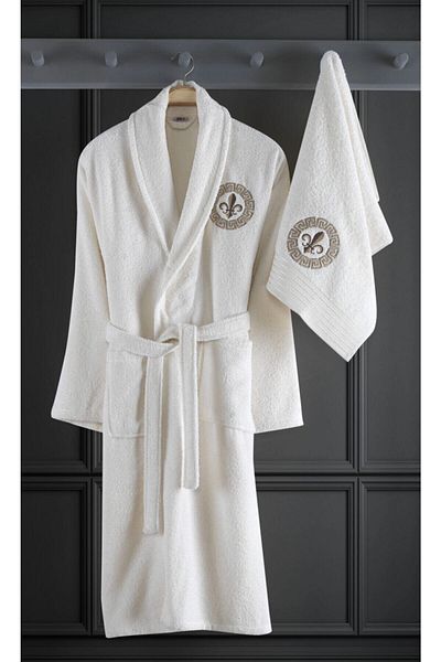 BİNNUR HOME Alya Embroidered Cotton 2 Piece Bathrobe Set Cream