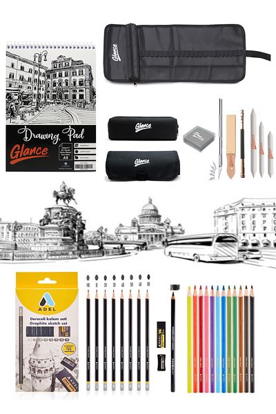 arttone Sketchbook A5 120 gr 50 yp Adel Graduated Pen Set 8 Pieces Black Rolled Pen Holder Set with 24 Pen Compartments