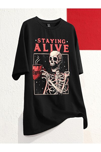 Tarzsokak Eduely Sloganlı ve İskelet Grafikli Düşük Omuzlu Tişört