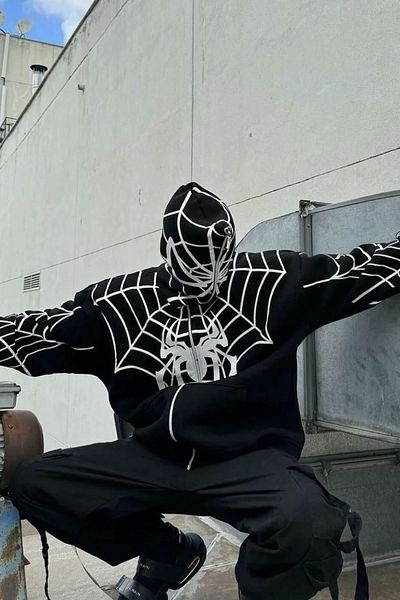 EFBUTİK Black Hooded White Spiderman Web Mask Cardigan