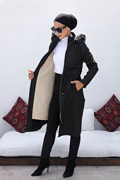 KMKkombin KMKKOMBİN Kadın içi kürklü bel büzgülü kol çıtçıt detaylı kapşonlu ...