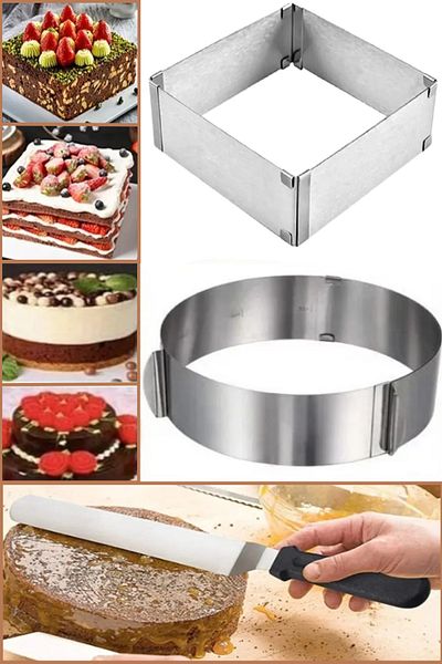 Bayev 3 Pieces Square And Round Pastry Mold And Pastry Spatula Practical Adjustable Cake Pastry Mold Set