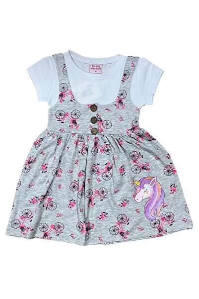 BY-GRİ KISA KOLLU ETEĞİ BASKILI KIZ BEBEK ELBİSE