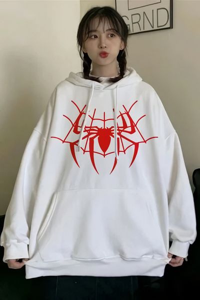 EFBUTİK White Hooded Spiderman Web Ribbed Sweatshirt