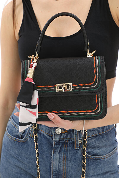 Piedra Black Color Gold Chain Strap New Season Women's Bag with Stitching Detail Scarf Accessories and Lots of Eyes