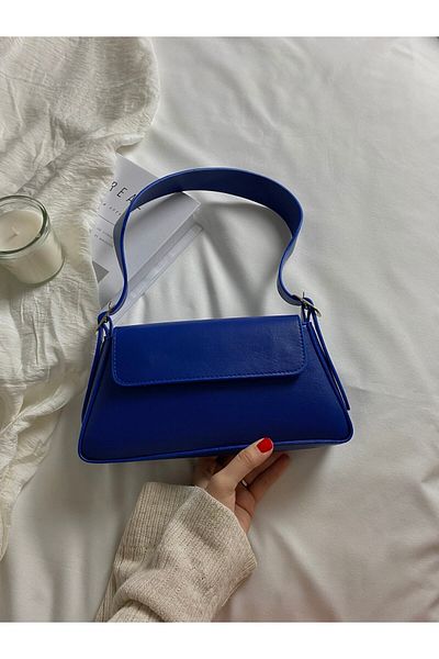 ELFCO Geantă de mână Saks Blue Baguette pentru femei, simplă și elegantă, cu închidere automată și geantă de umăr