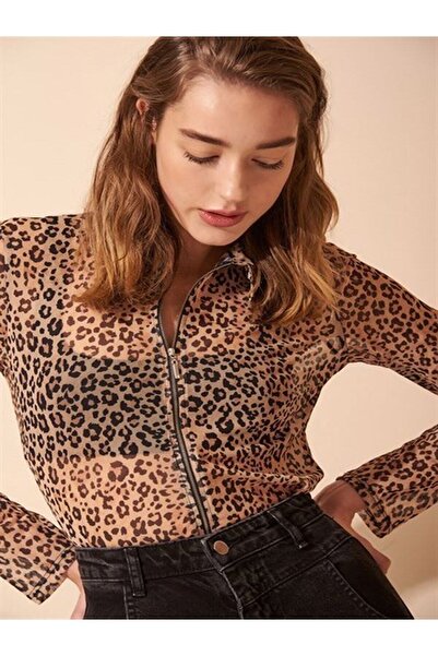 Fiore Viola Bluz Kadın Bluz Fermuarlı Uzun Kol Model Leopar Desenli Transparan