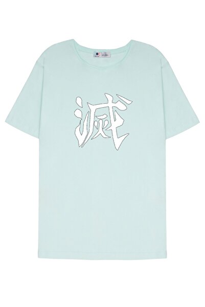 DOT تي شيرت أخضر نعناعي ذو ياقة متسخة للجنسين Destroy Kanji Demon Slayer Kime...