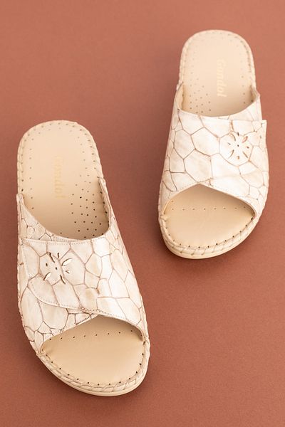 Gondol Women's Genuine Leather Orthopedic Sole Classic Slippers yprk.825 - Beige Croco - 36
