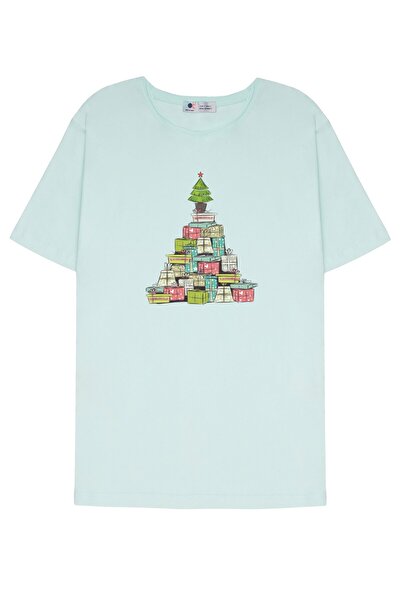 DOT تي شيرت ذو ياقة متسخة باللون الأخضر النعناعي للجنسين عيد ميلاد سعيد