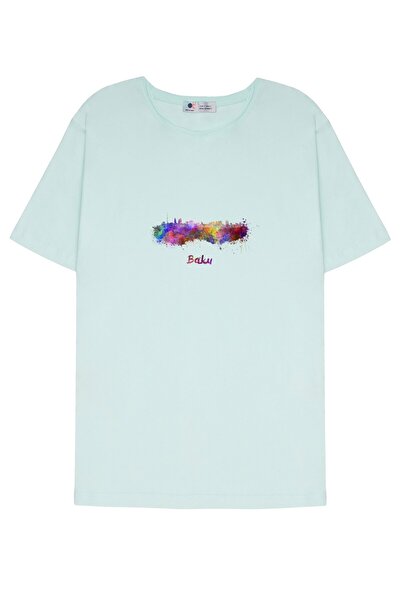 DOT تي شيرت بياقة متسخة باللون الأخضر النعناعي للجنسين من Baku Skyline بألوان...