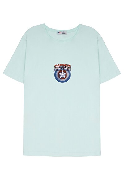 DOT تي شيرت ذو ياقة متسخة باللون الأخضر النعناعي للجنسين بشعار كابتن أمريكا