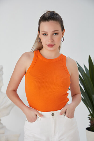 CATSPY Turuncu Zargo Model Fitted/Vücuda Oturan Geniş Biyeli Halter Yaka Fitilli Esnek Örme Crop Bluz