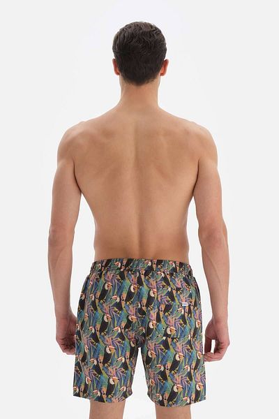 Dagi Grün - Anthrazitfarbene mittelgroße Badeshorts mit Tucan-Muster