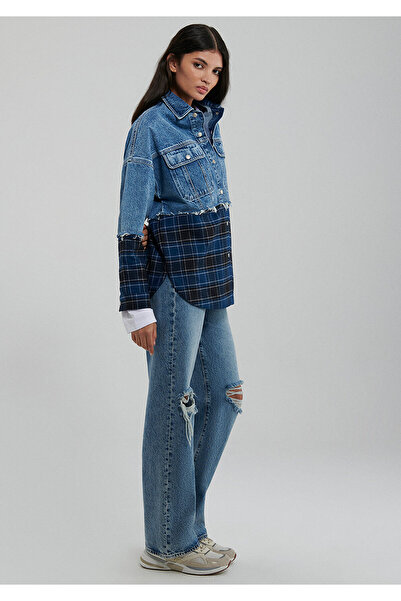 Mavi Kelly Street Lacivert Kareli Denim Bloklu Jean Gömlek Oversize / Geniş Kesim 1210550-85749