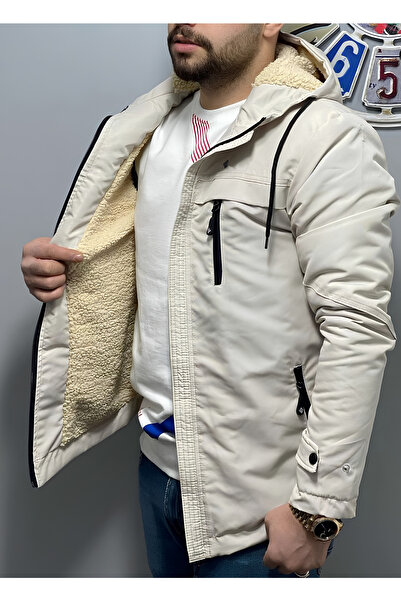 Clavi İçi Yağmur ve Rüzgar Geçirmez Kapüşonlu Kışlık Mont Bej