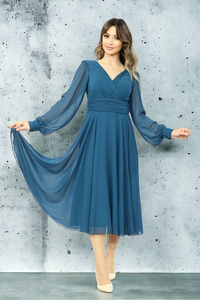 FaBe Fashion Long Sleeve Double Breasted Collar Midi Chiffon Dress
