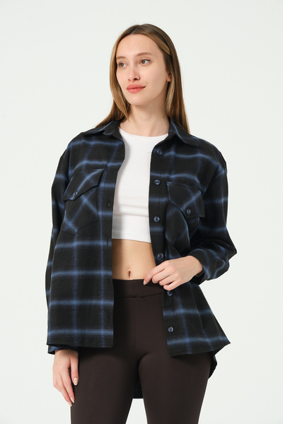 Feseme Geniş Beden Kadın Gömlek Flanel Iki Cepli Ekose Kareli Mevsimlik Rahat...